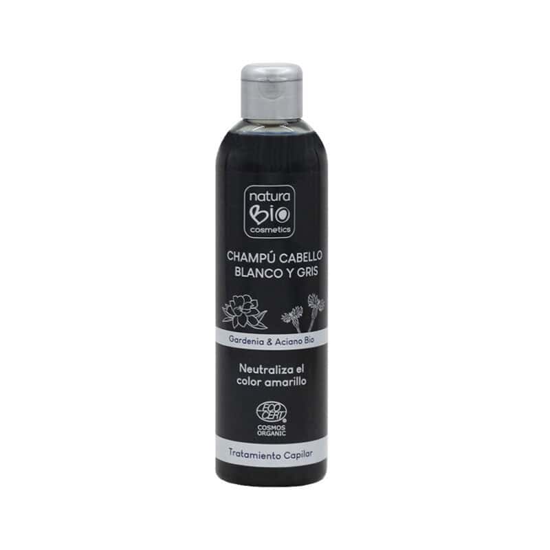 Shampoo Natura Bio para cabelos brancos e grisalhos com gardénia e centáurea em frasco de 250ml, formulado para realçar o brilho e neutralizar tons amarelados.