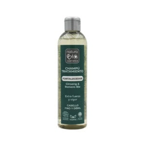 Shampoo fortalecedor Natura Bio com ginseng e alecrim em frasco de 250ml, indicado para fortalecer e revitalizar o cabelo de forma natural.