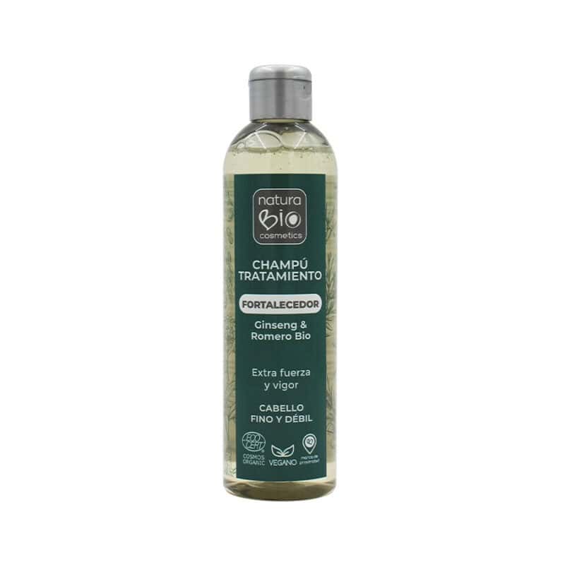 Shampoo fortalecedor Natura Bio com ginseng e alecrim em frasco de 250ml, indicado para fortalecer e revitalizar o cabelo de forma natural.