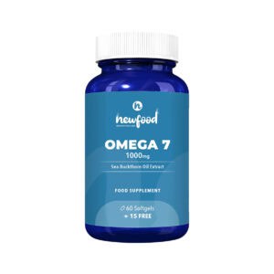 Cápsulas de Ómega 7 1000mg New Food em frasco de 60 unidades, suplemento rico em ácidos gordos para hidratação da pele e bem-estar geral.